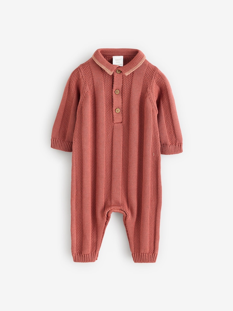 Rust Brown 100% Cotton Cable Knit Rompersuit - Image 1 of 1