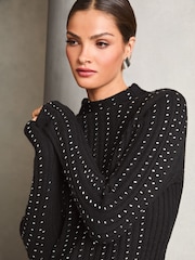 Lipsy Black Embellished Line Ribbed Roll Neck Knitted Jumper - Image 1 of 4