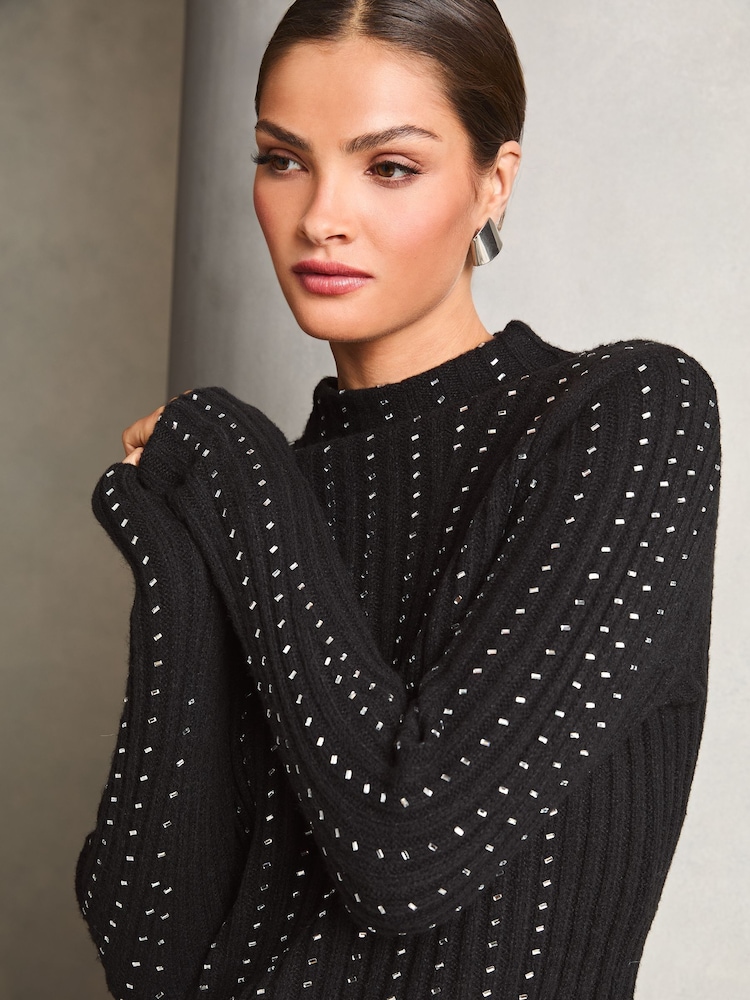 Lipsy Black Embellished Line Ribbed Roll Neck Knitted Jumper - Image 1 of 4