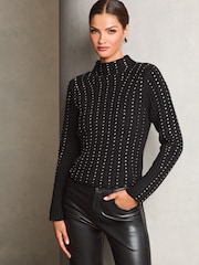 Lipsy Black Embellished Line Ribbed Roll Neck Knitted Jumper - Image 2 of 4