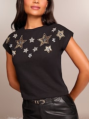 Lipsy Black Embellished Sequin Star T-Shirt - Image 2 of 4