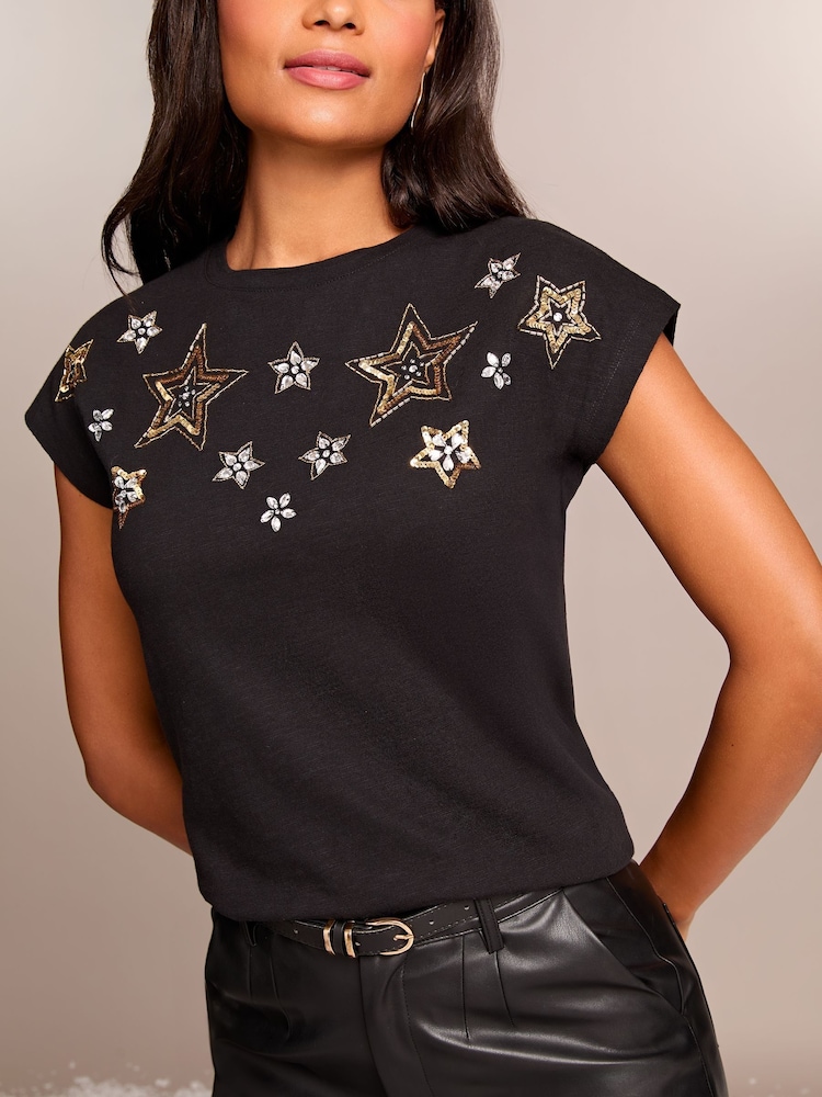 Lipsy Black Embellished Sequin Star T-Shirt - Image 2 of 4