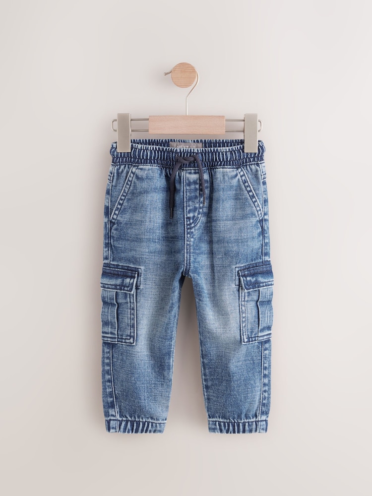 Denim Dark Blue 100% Cotton Pull On Cargo Jeans - Image 1 of 4