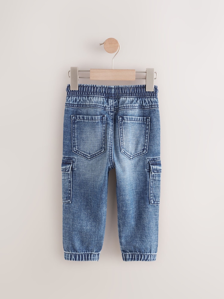Denim Dark Blue 100% Cotton Pull On Cargo Jeans - Image 2 of 4
