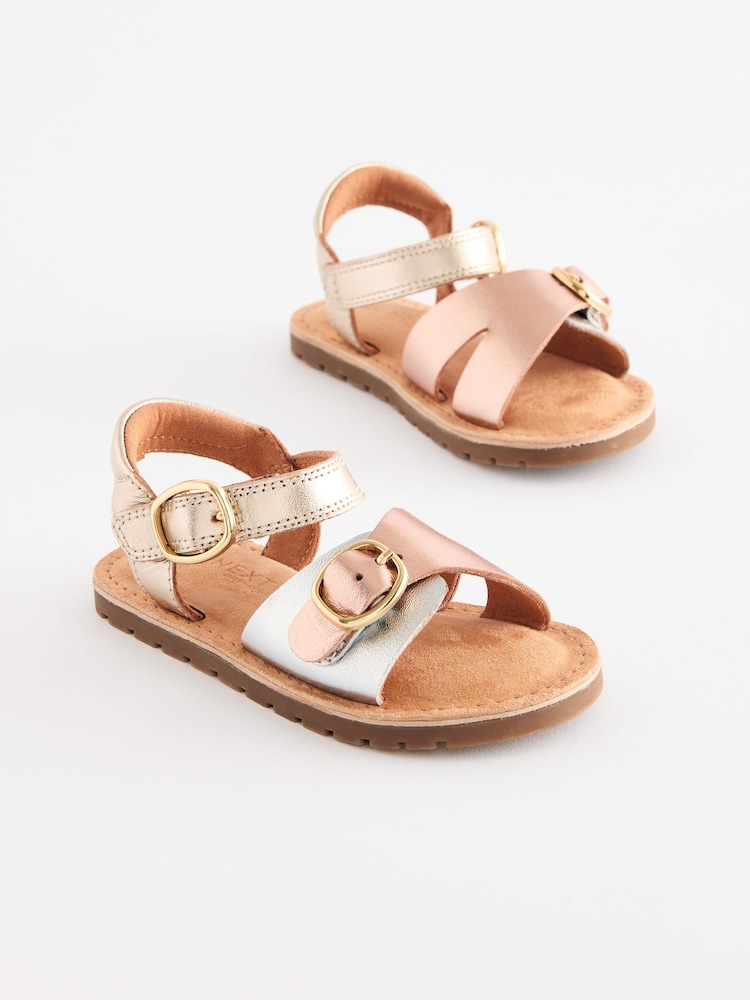 Metallic Leather Buckle Touch Fastening Sandals - Image 1 of 5 Metallic Leather Buckle Touch Fastening Sandals - Image 1 of 5