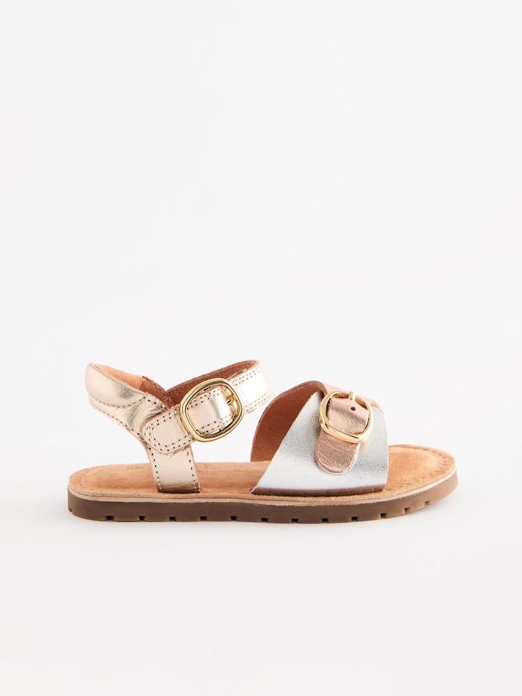 Metallic Leather Buckle Touch Fastening Sandals - Image 2 of 5 Metallic Leather Buckle Touch Fastening Sandals - Image 2 of 5