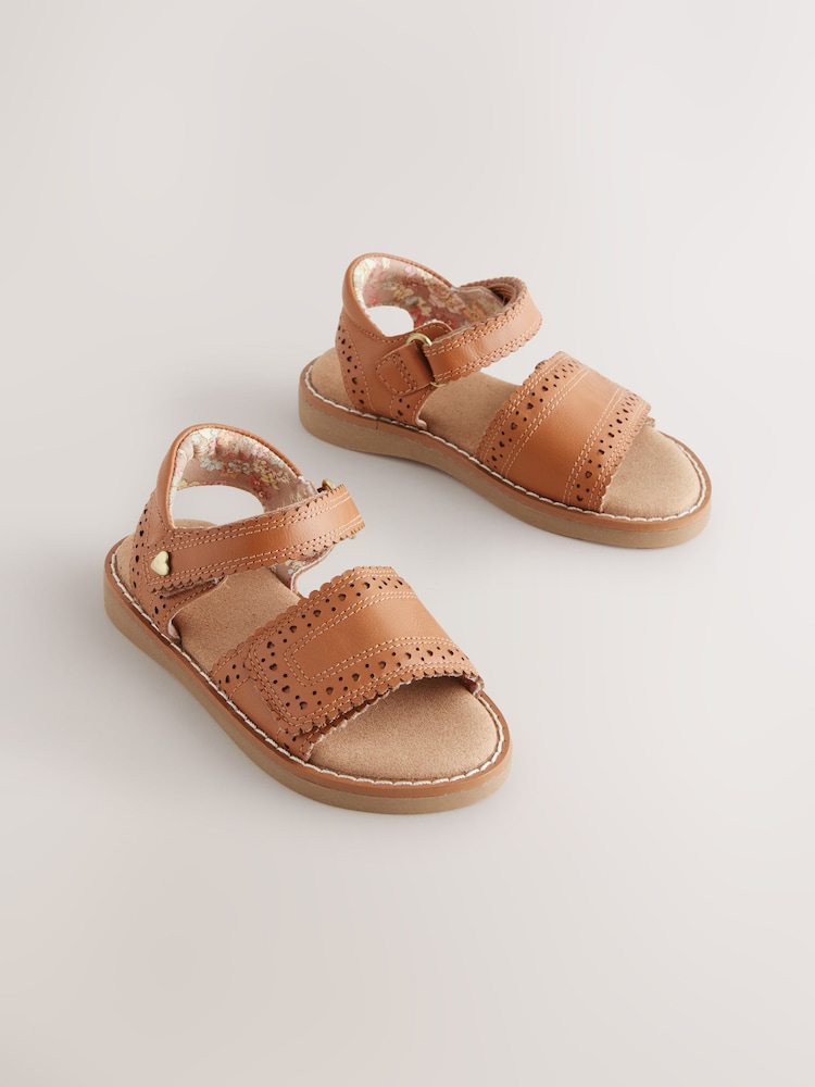 Tan Brown Leather Brogue Touch Fastening Sandals - Image 3 of 8