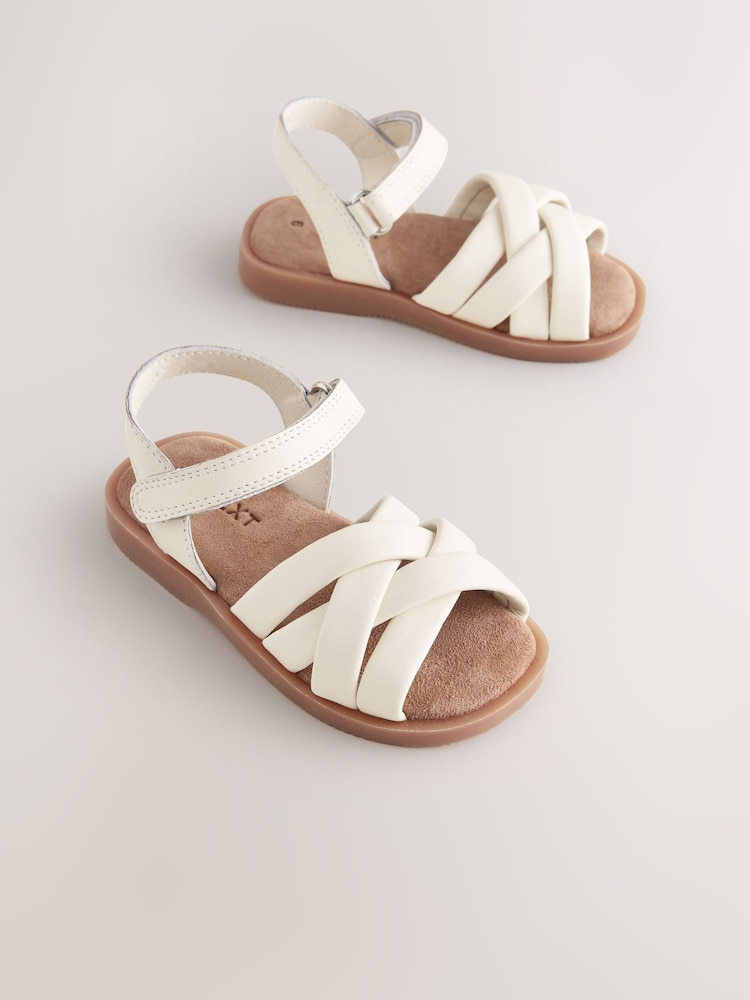White Standard Fit (F) Leather Woven Sandals With Touch Fastening - Image 1 of 5