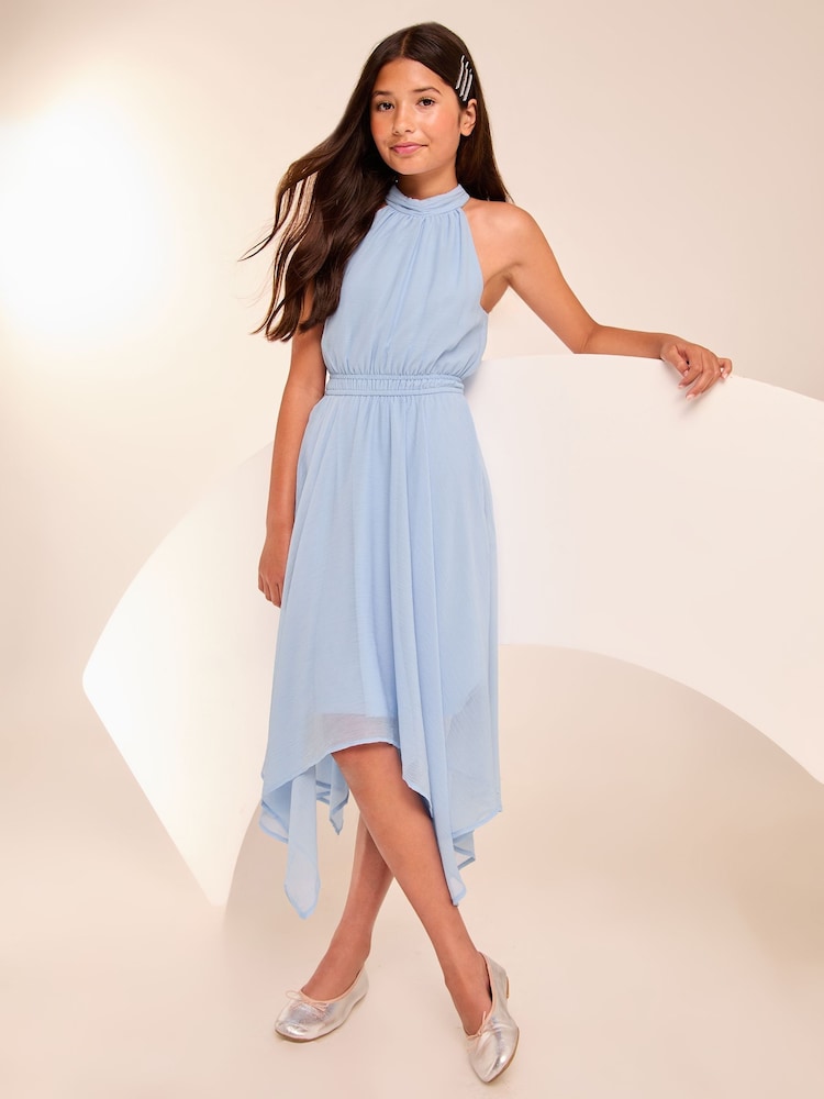 Lipsy Light Blue Hanky Hem Halter Occasion Dress (7-16yrs) - Image 1 of 4