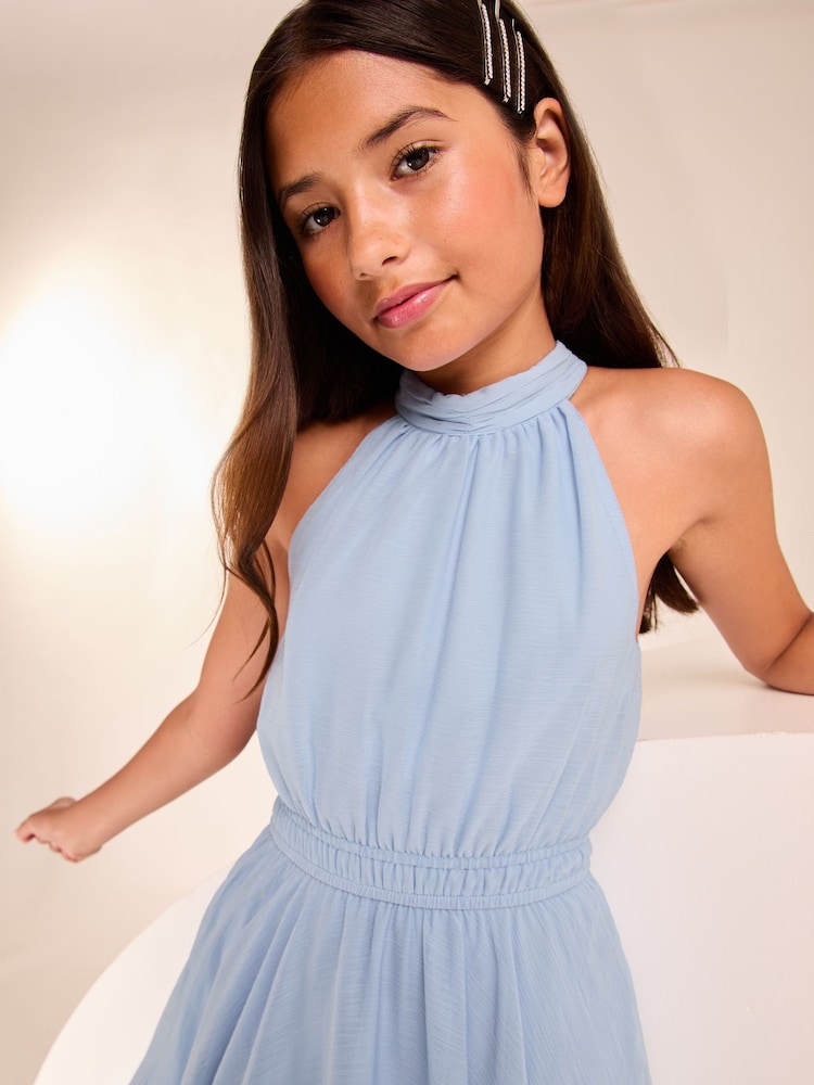 Lipsy Light Blue Hanky Hem Halter Occasion Dress (7-16yrs) - Image 2 of 4
