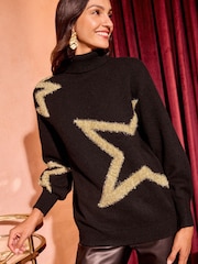 Love & Roses Christmas Tinsel Black Gold Stard Cosy Crew Neck Longline Jumper - Image 1 of 4