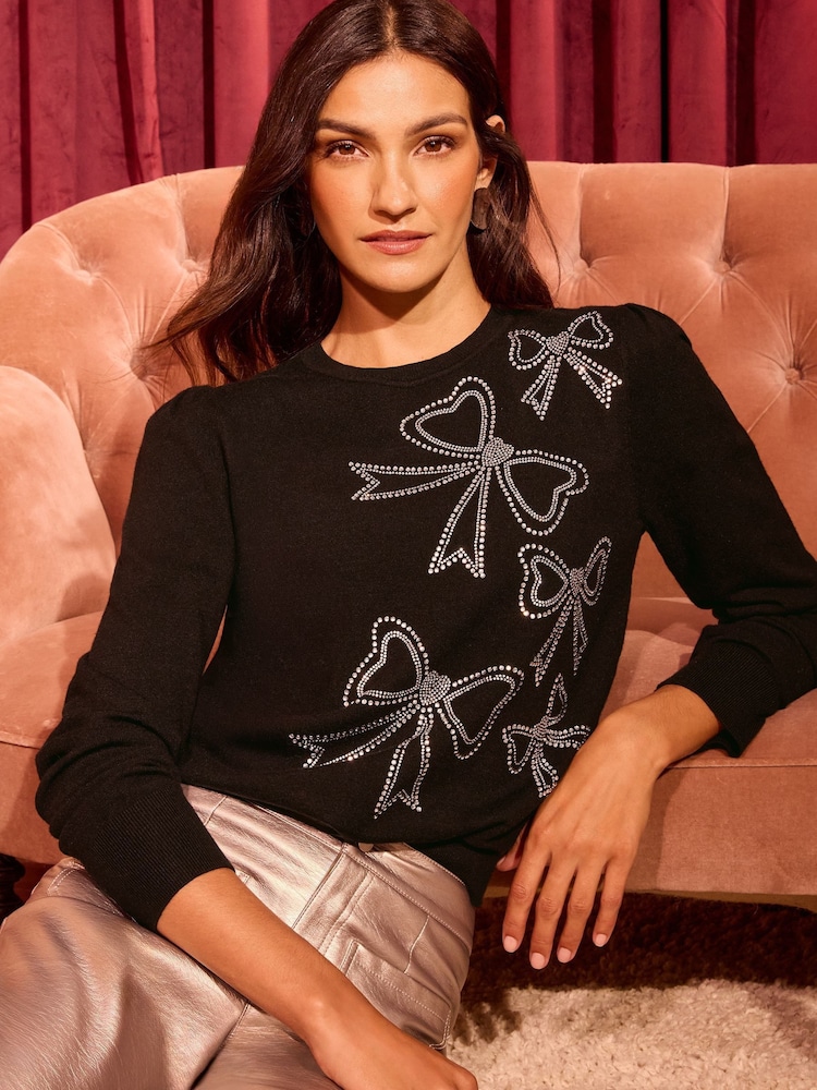 Love & Roses Black Hotfix Fine Gauge Stitch Detail Jumper - Image 2 of 5