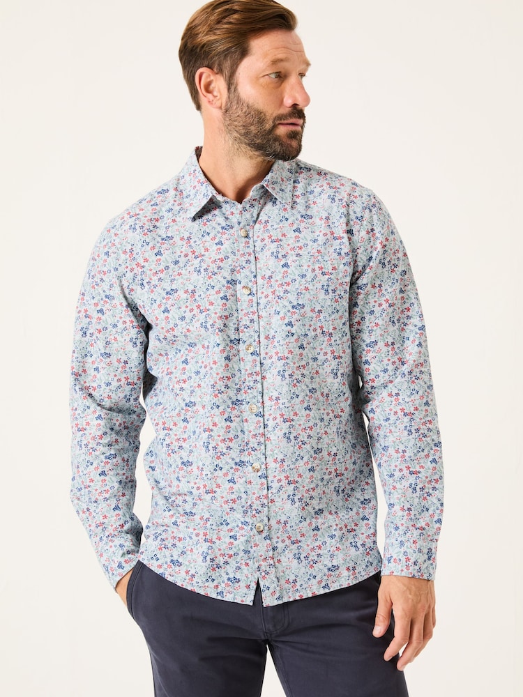 FatFace Mead Blue Long Sleeve Ditsy Print Shirt - Image 1 of 5