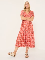 FatFace Danielle Burnt Orange Painted Bloom Midi Dress - Image 1 of 10