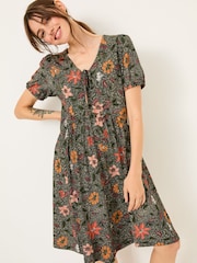 FatFace Nell Black Floral Short Sleeve V-Neck Midi Dress - Image 1 of 5