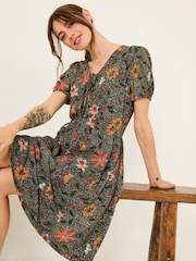 FatFace Nell Black Floral Short Sleeve V-Neck Midi Dress - Image 3 of 5
