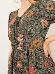 FatFace Nell Black Floral Short Sleeve V-Neck Midi Dress - Image 4 of 5