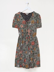 FatFace Nell Black Floral Short Sleeve V-Neck Midi Dress - Image 5 of 5