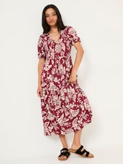 FatFace Danielle Burgundy Red Brush Floral Midi Dress - Image 1 of 5