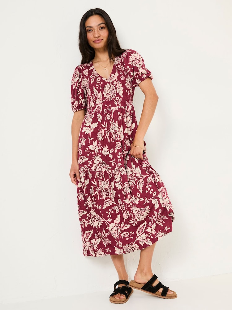 FatFace Danielle Burgundy Red Brush Floral Midi Dress - Image 1 of 5