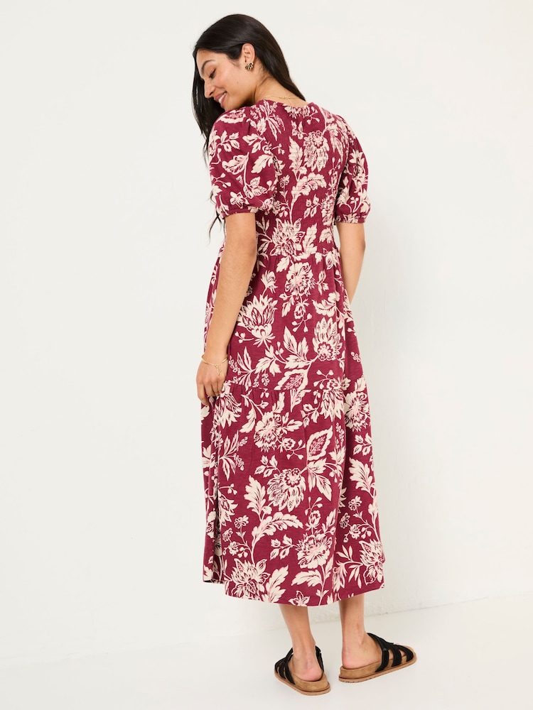 FatFace Danielle Burgundy Red Brush Floral Midi Dress - Image 2 of 5