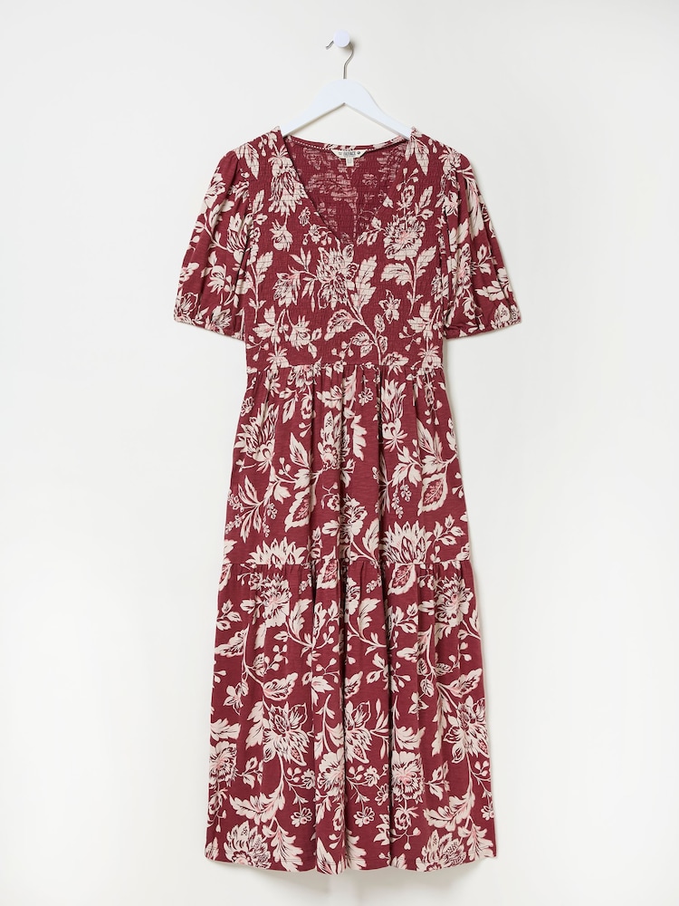 FatFace Danielle Burgundy Red Brush Floral Midi Dress - Image 5 of 5