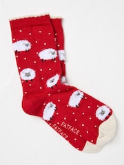 FatFace Red Womens Fluffy Sheep Socks 1 Pack - Image 1 of 2