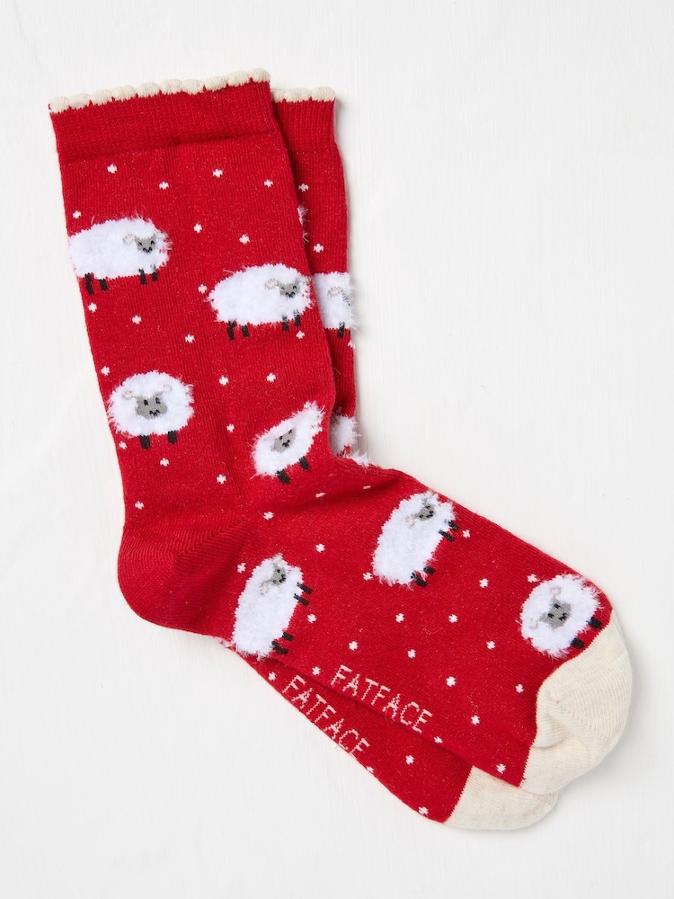 FatFace Red Womens Fluffy Sheep Socks 1 Pack - Image 1 of 2