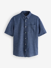Navy Blue Textured Linen Blend Short Sleeve Shirt - Image 1 of 1