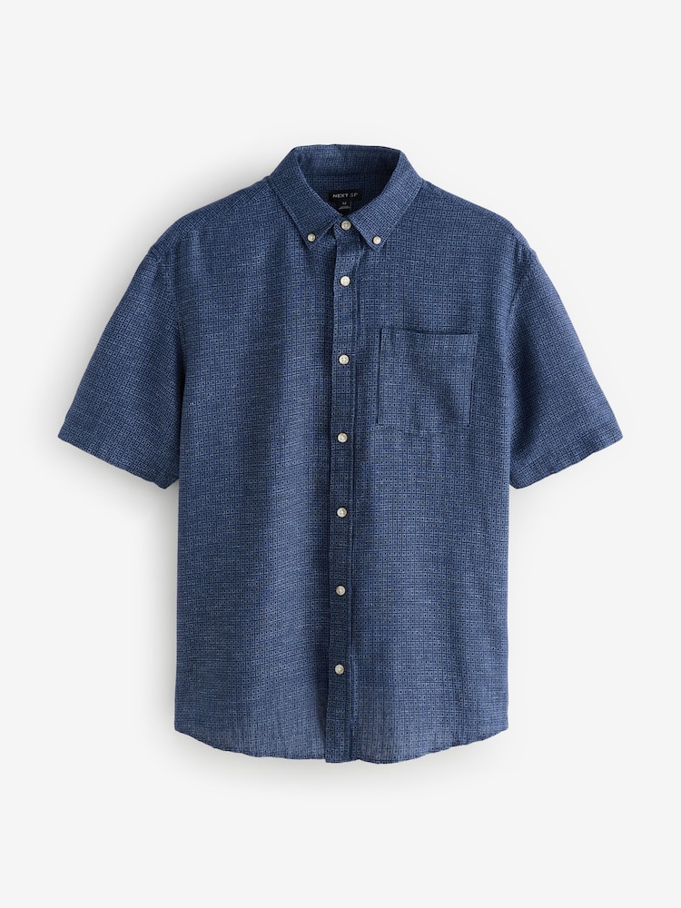 Navy Blue Textured Linen Blend Short Sleeve Shirt - Image 1 of 1