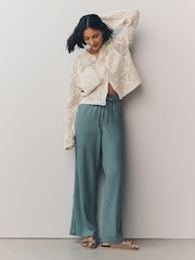 Blue Tie Waist Wide Leg Linen Blend Trousers - Image 1 of 7