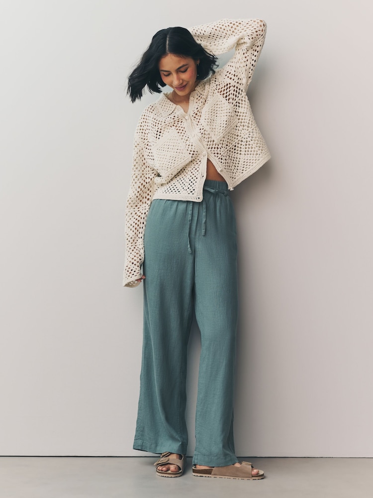 Blue Tie Waist Wide Leg Linen Blend Trousers - Image 1 of 7