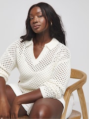 Simply Be Cream Cream Collar Detail Hole Knit Jumper - Image 1 of 4