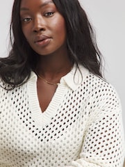 Simply Be Cream Cream Collar Detail Hole Knit Jumper - Image 4 of 4