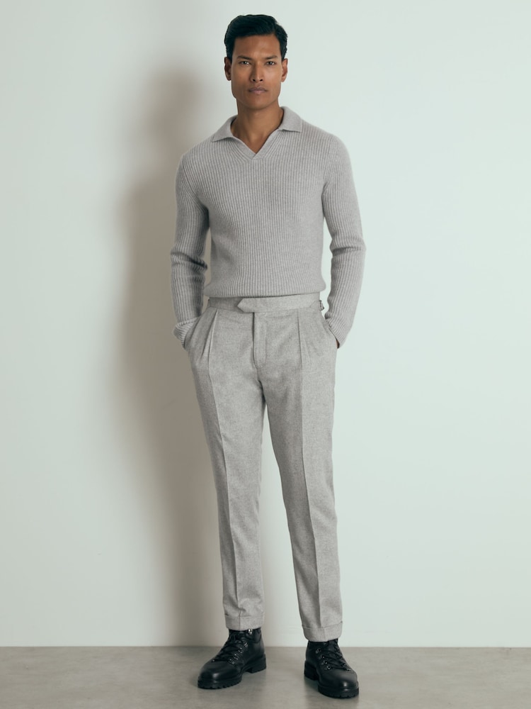 Reiss Soft Grey Melange Laird Atelier Ribbed-Cashmere Polo Shirt - Image 1 of 6