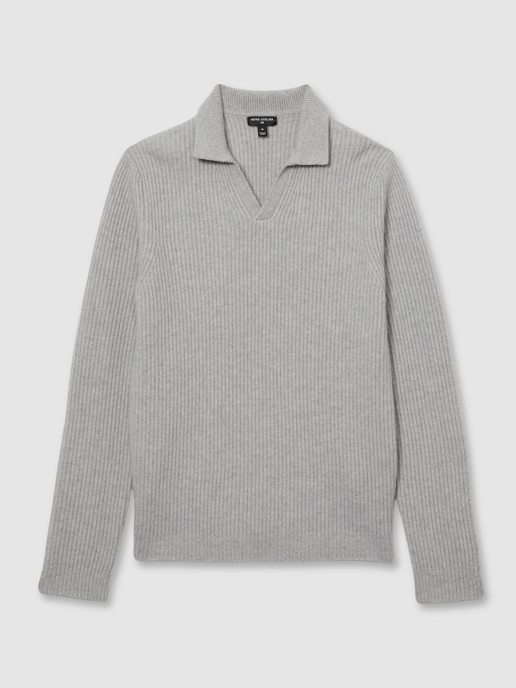 Reiss Soft Grey Melange Laird Atelier Ribbed-Cashmere Polo Shirt - Image 2 of 6