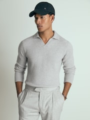 Reiss Soft Grey Melange Laird Atelier Ribbed-Cashmere Polo Shirt - Image 4 of 6