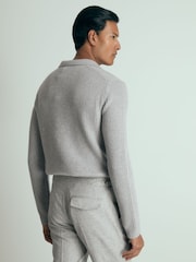 Reiss Soft Grey Melange Laird Atelier Ribbed-Cashmere Polo Shirt - Image 5 of 6