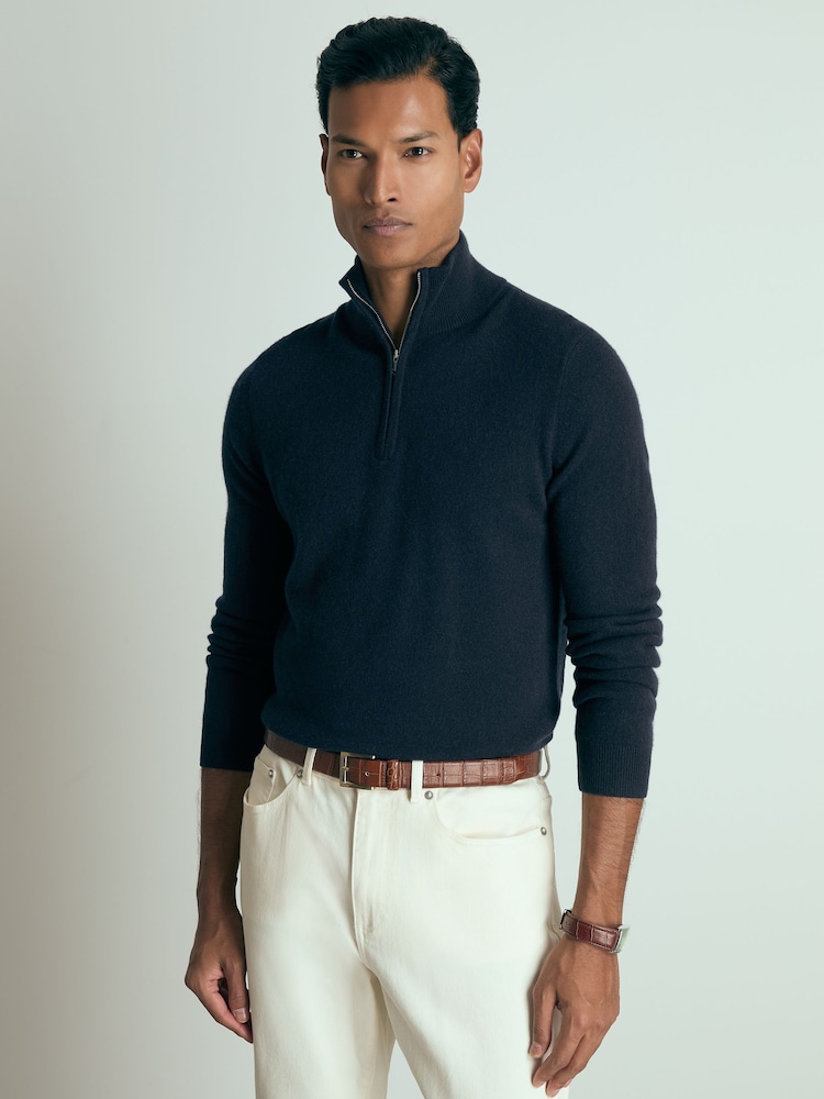 Reiss Navy Royal Atelier Cashmere Zip-Neck Jumper - Image 1 of 7