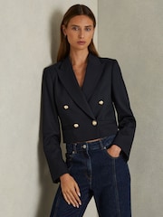 Reiss Navy Leigh Cropped Wool-Blend Double-Breasted Blazer - Image 1 of 6