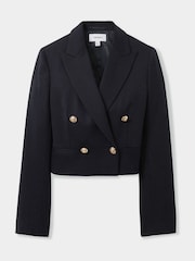 Reiss Navy Leigh Cropped Wool-Blend Double-Breasted Blazer - Image 2 of 6