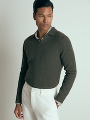 Military Green - Reiss Laird Atelier Ribbed-Cashmere Polo Shirt - Изображение 1 из 6