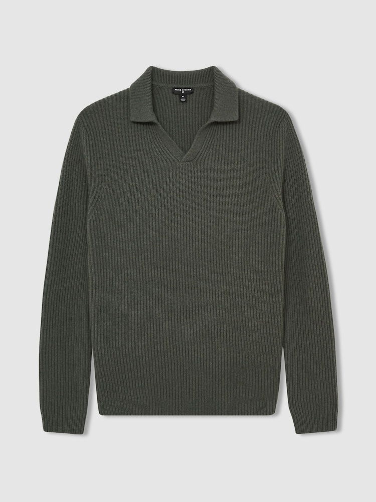 Military Green - Reiss Laird Atelier Ribbed-Cashmere Polo Shirt - Изображение 2 из 6