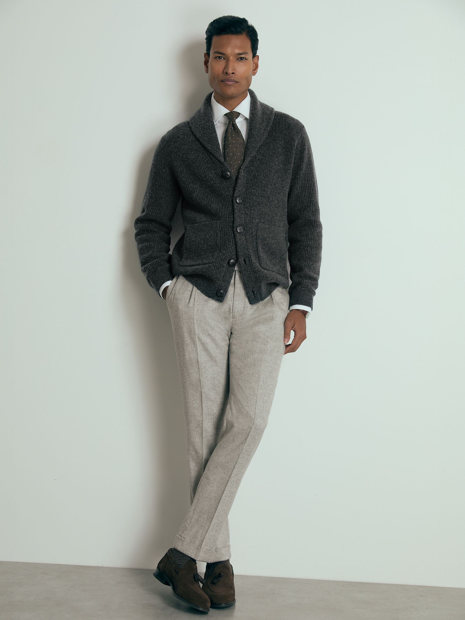 Reiss Charcoal Melange Atelier Ribbed-cashmere Cardigan In Gray