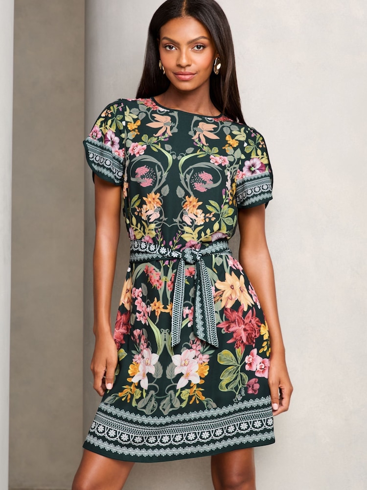 Lipsy Black Placement Print Tie Front Mini Shift Dress - Image 1 of 4