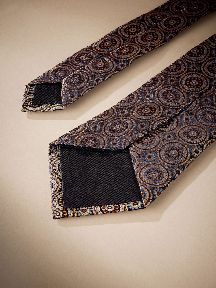 Navy Blue Medallion Signature Made In Italy Geometric Design Tie - Image 3 of 4