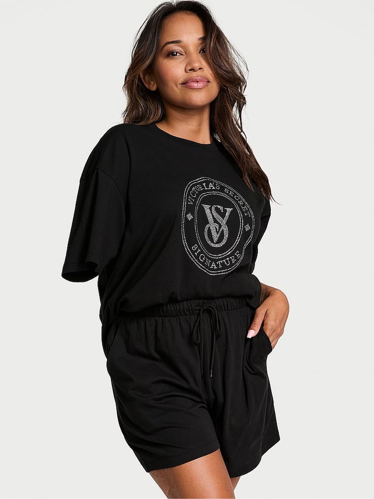 Victoria's Secret Black W/ Rhinestone Graphic Cotton Short Pyjama Set - Image 1 of 3
