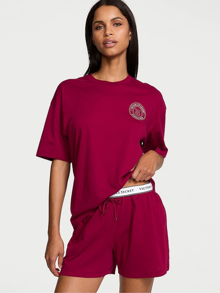 Victoria's Secret Campari Red W/ Rhinestone Graphic Cotton Short Pyjama Set - Image 1 of 3