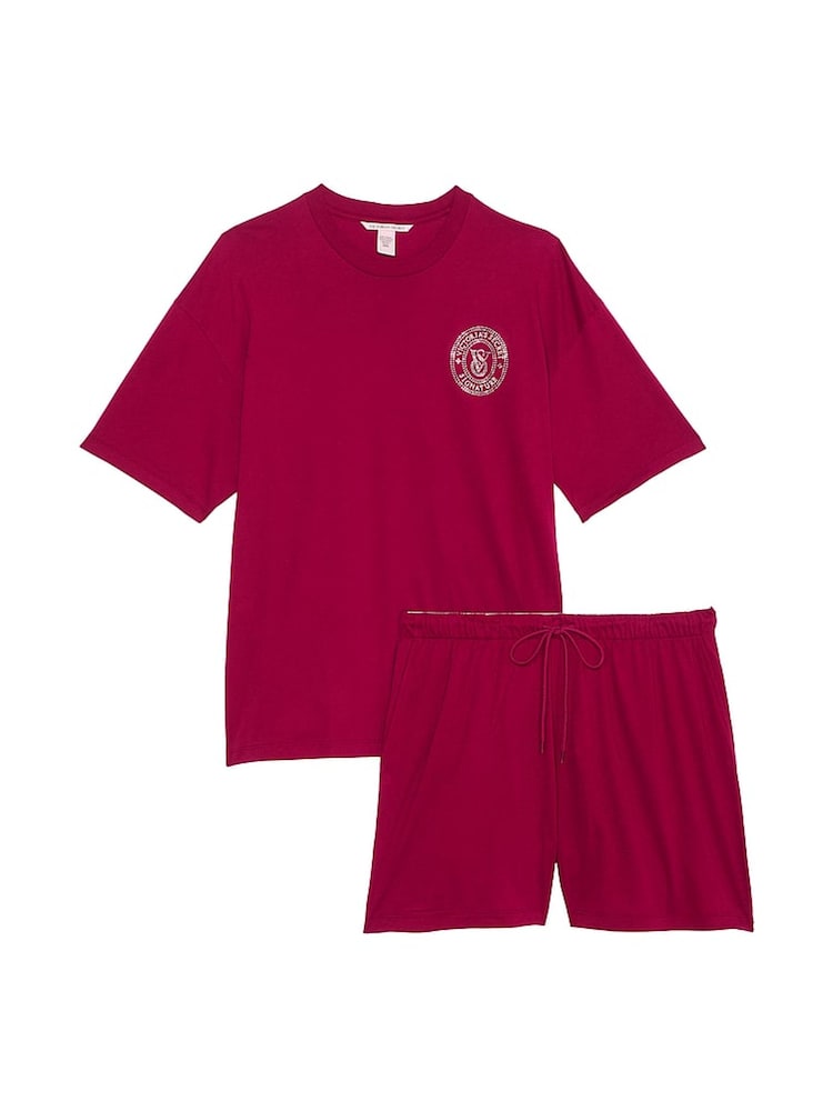 Victoria's Secret Campari Red W/ Rhinestone Graphic Cotton Short Pyjama Set - Image 3 of 3