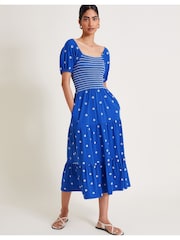 Monsoon Blue Susie Shirred Embroidered Midi Dress - Image 1 of 6